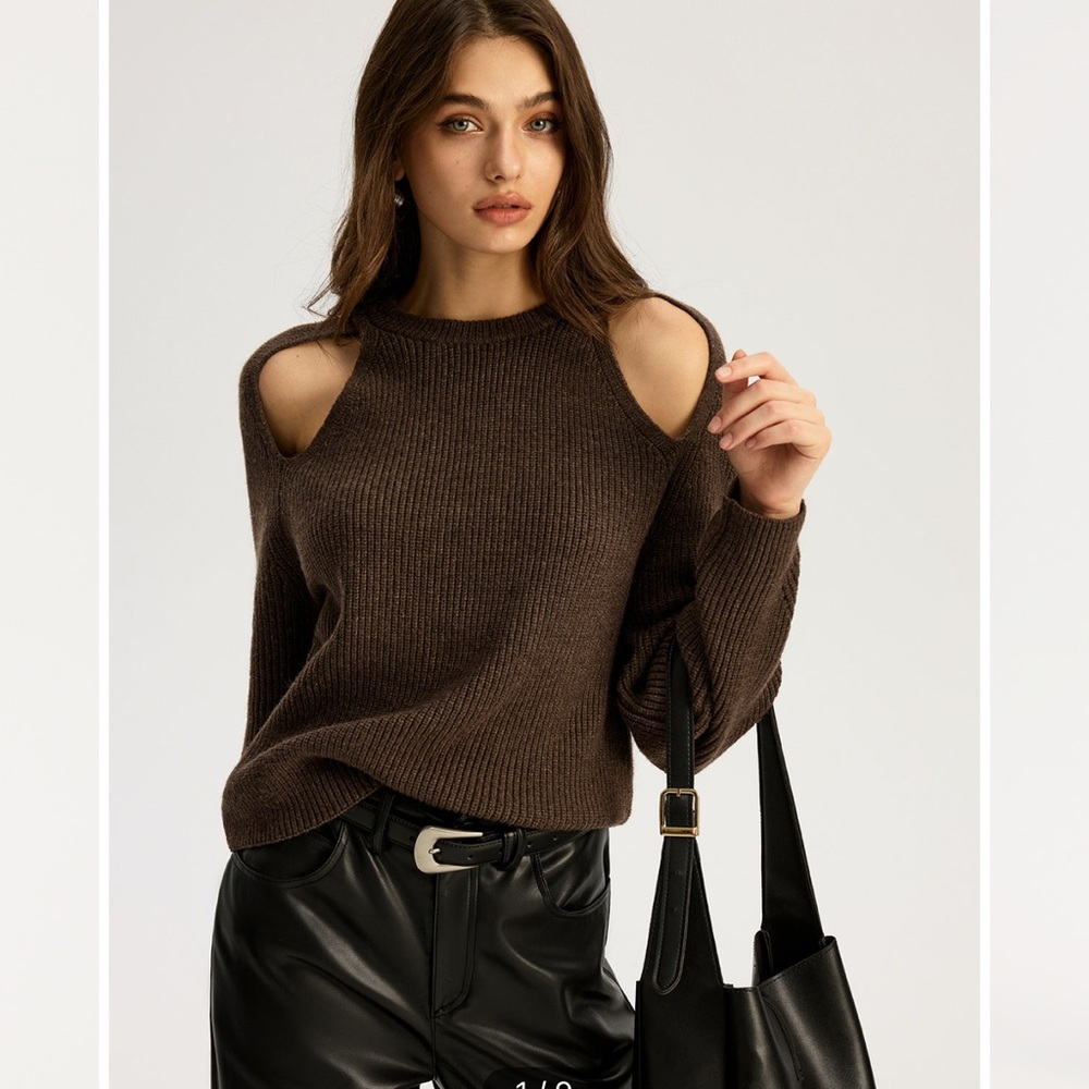 NWT COMMENSE brown cutout ribbed knit sweater size small